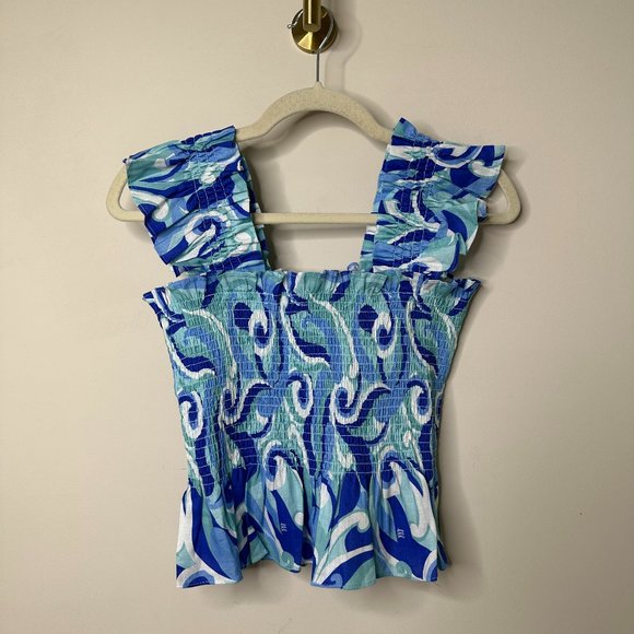 NEW Hill House Paz Top Size S Ocean Kaleidoscope Sleeveless Smocked Linen Nap - Picture 4 of 8